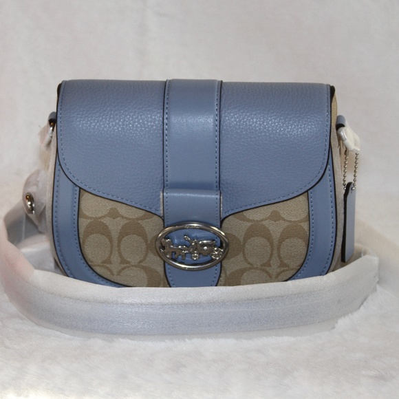 NWT Coach Georgie Saddle Bag Leather Signature Canvas Purse - Picture 1 of 5
